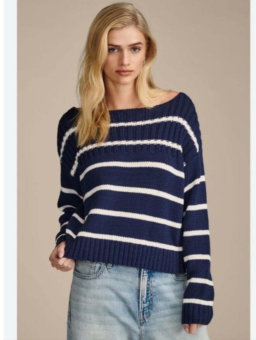 Lucky Brand navy and white striped boatneck cotton slightly cropped sweater